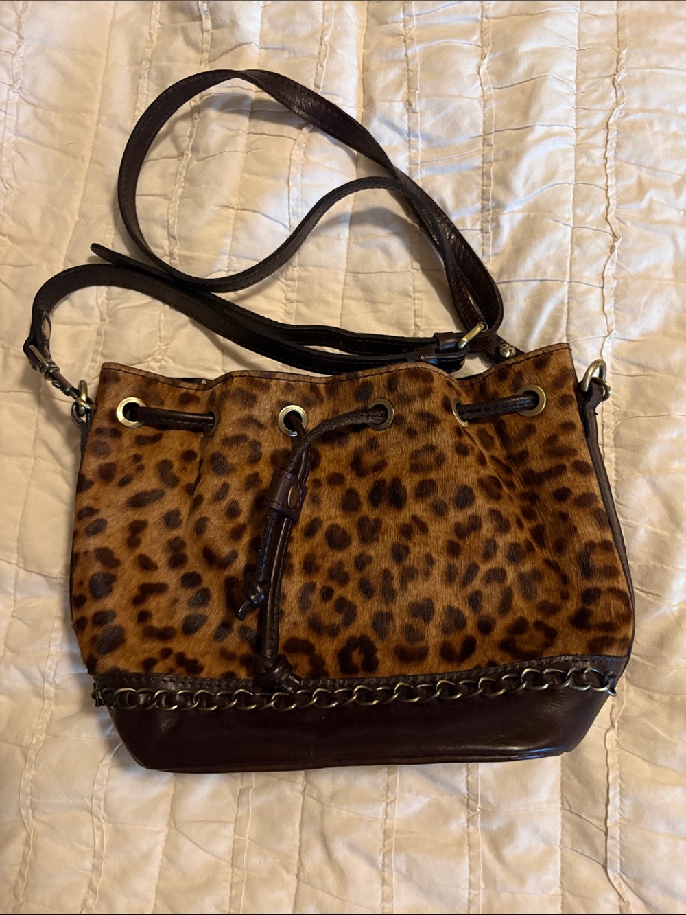 Patricia Nash Leopard-Print Crossbody with Dark Brown Trim and Chain Accent